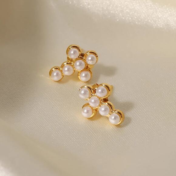 Pearl Cross Stud Earrings 18K Gold Plated Minimalist - Picture 4 of 6